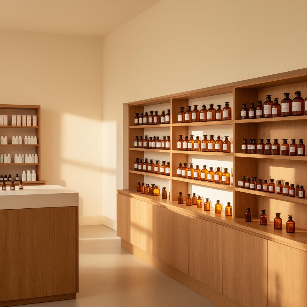 Modern minimalist apothecary interior with warm wood and amber glass