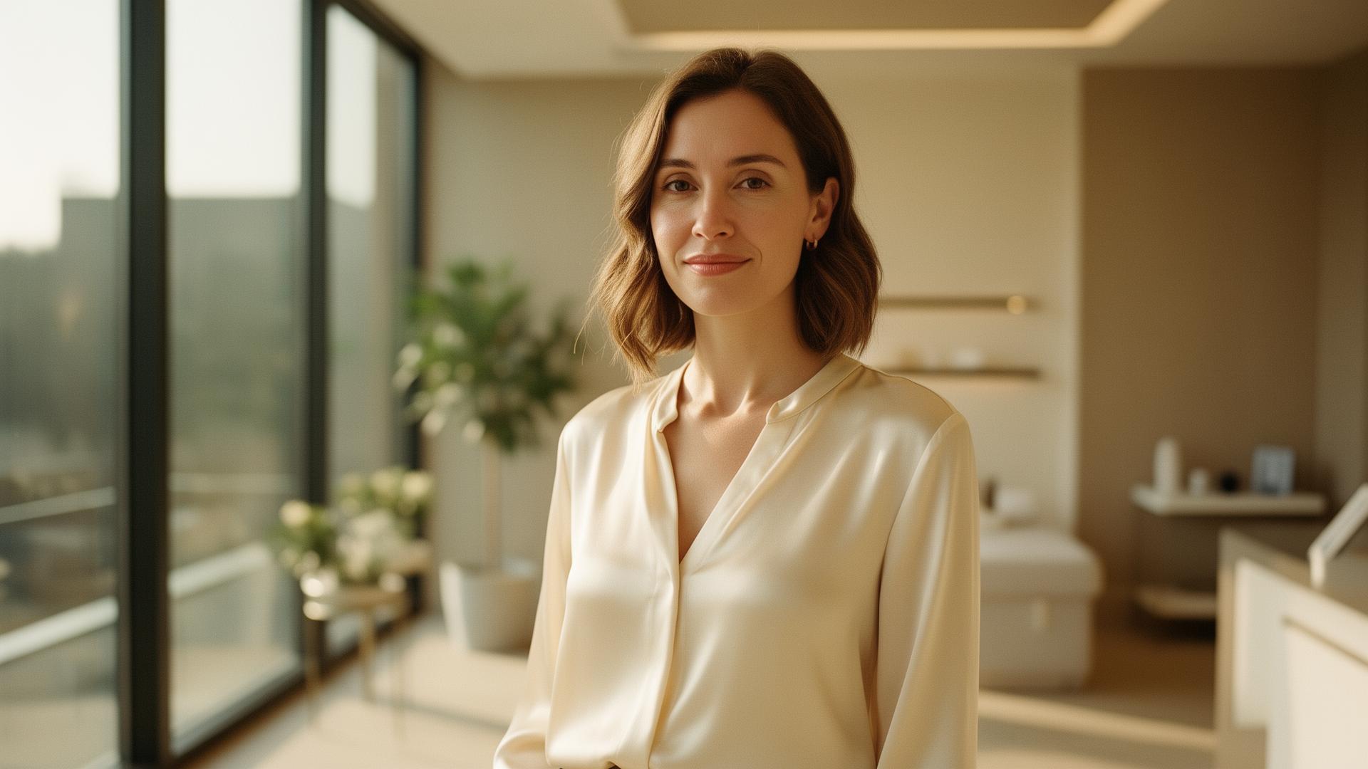 A confident professional standing in a sunlit modern wellness clinic